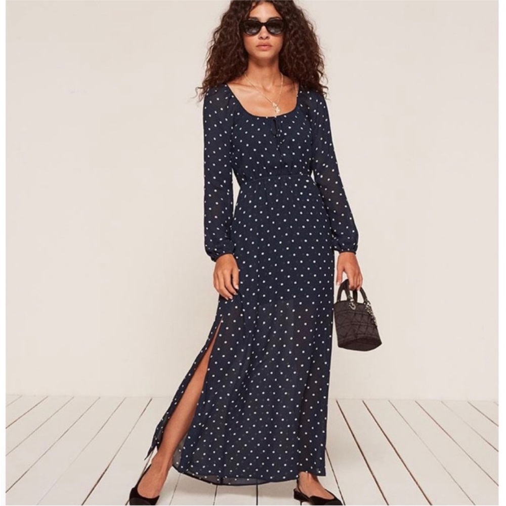 Reformation navy polka dot dress NWT